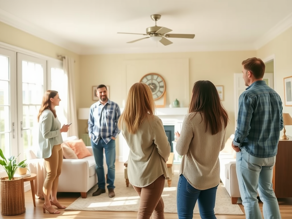 В гостиной группа людей разговаривает, обсуждая что-то с улыбками и вниманием.