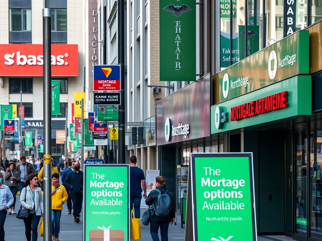 Улица с магазинами и плакатами о кредитах, люди идут мимо, яркие вывески и реклама.