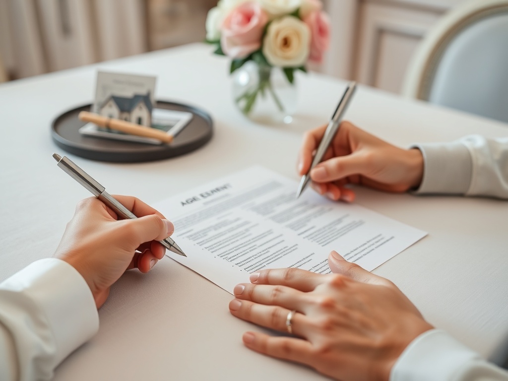 Две руки подписывают договор на фоне цветов и миниатюрного домика на столе.