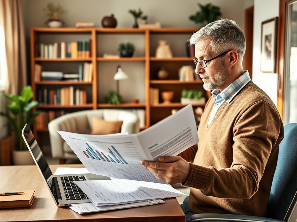 Мужчина читает документы, сидя за столом с ноутбуком в уютном кабинете. Позади видны полки с книгами.