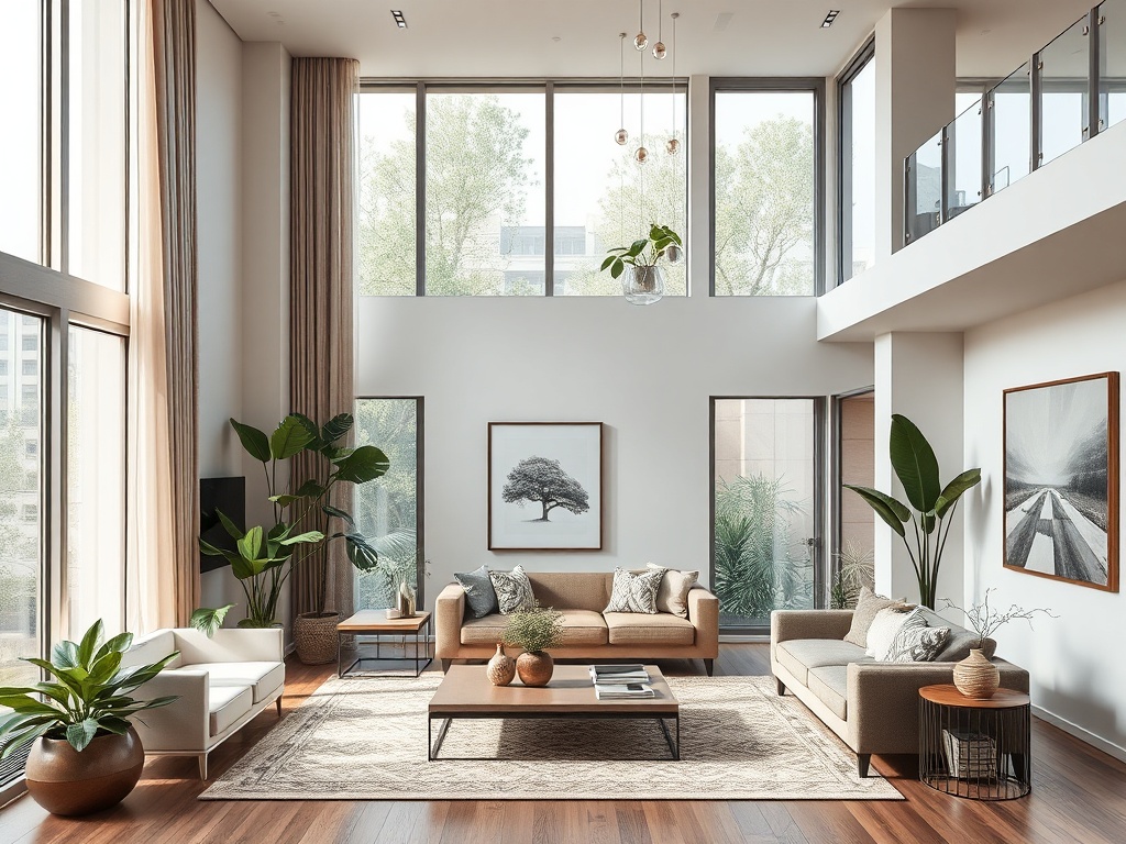 Современная гостиная с большими окнами, зелеными растениями и стильной мебелью. Солнечный и уютный интерьер.