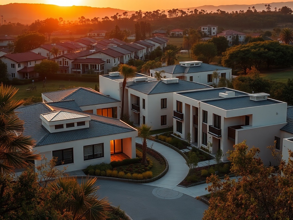 Закат над современными домами, расположенными вдоль круглой дороги и зелёными насаждениями.