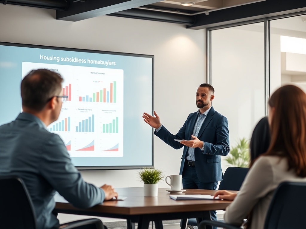 Мужчина в костюме проводит презентацию, объясняя графики о субсидиях для покупателей жилья. В аудитории три человека.