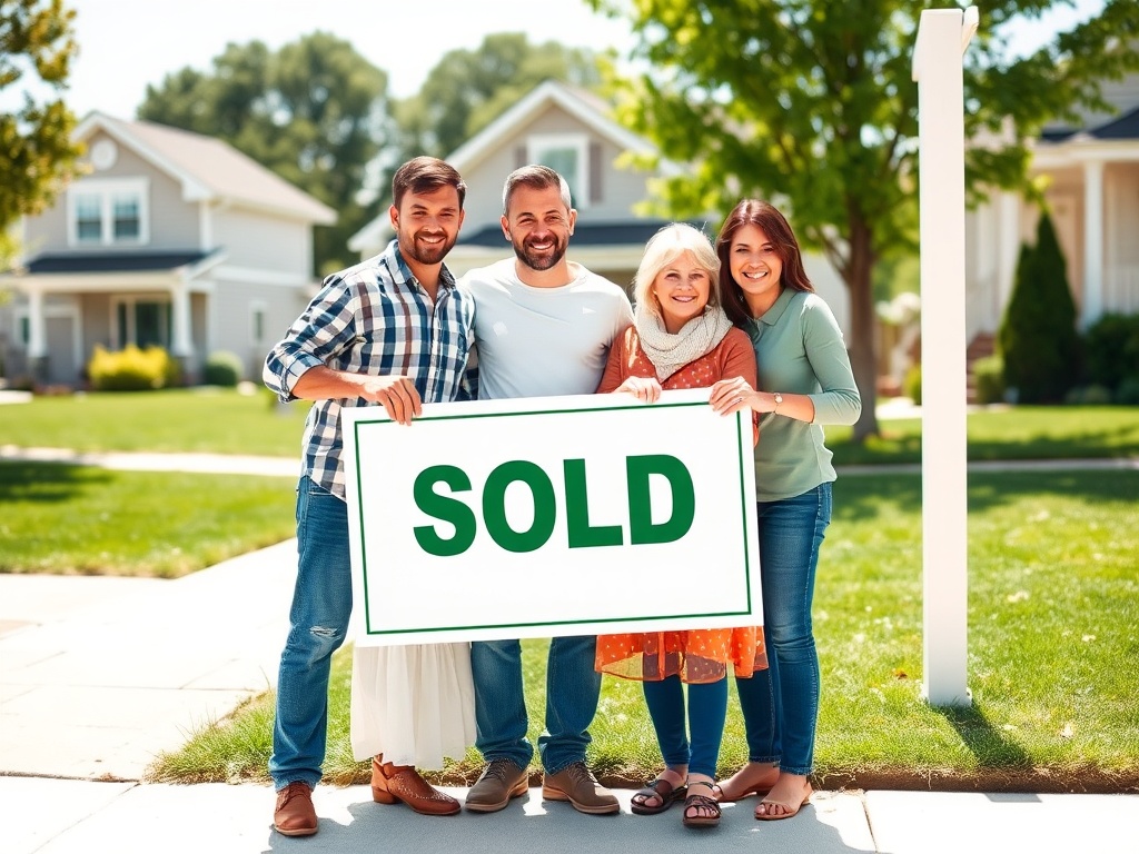 Четыре человека стоят на улице с вывеской "Продано", на фоне домов и зелёного газа.