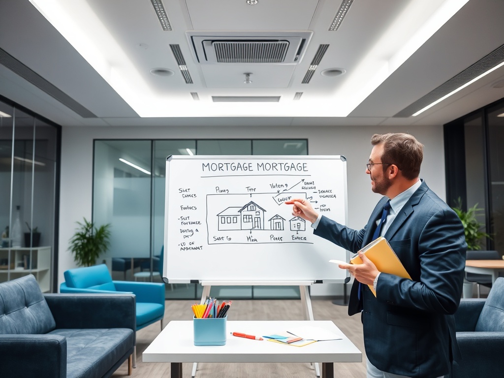 На изображении бизнесмен объясняет концепцию ипотеки на доске, где представлены схемы и ключевые понятия.