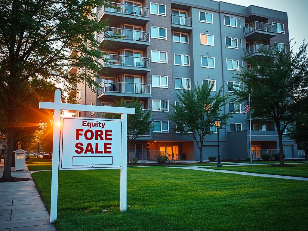 Знак "Продается" на фоне многоэтажного здания и зелёной травы, вечерний свет.