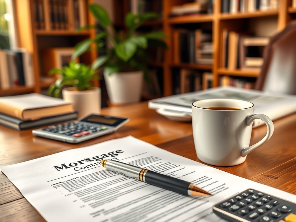 Документы по ипотечному кредиту на столе, рядом калькуляторы и чашка кофе. Уютная атмосфера работы.