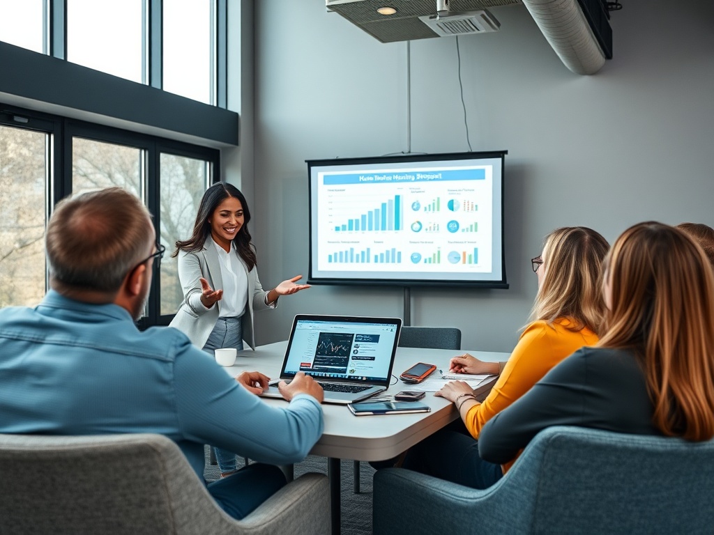 Женщина представляет данные на собрании, аудитория внимательно слушает и смотрит на экран с графиками.