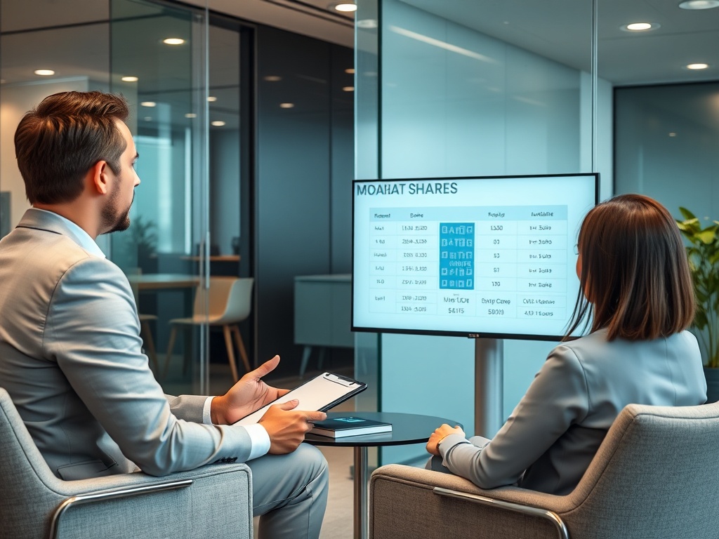 Два человека в офисе обсуждают данные о акциях на экране, сидя за столом.