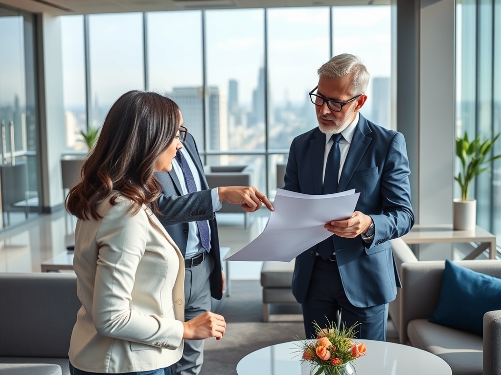 Деловая встреча в офисе: три человека обсуждают документы, окна с видом на город.