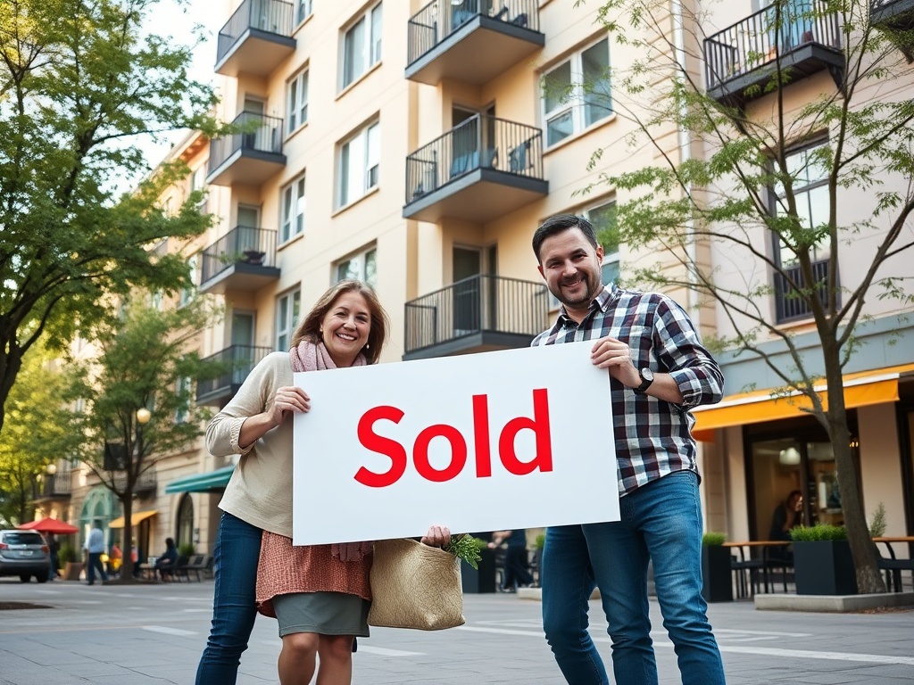 На фото счастливая пара держит знак с надписью «Продано» на фоне городских зданий.
